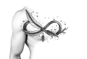 infinity symbol woven with floating feathers and stardust tattoo idea