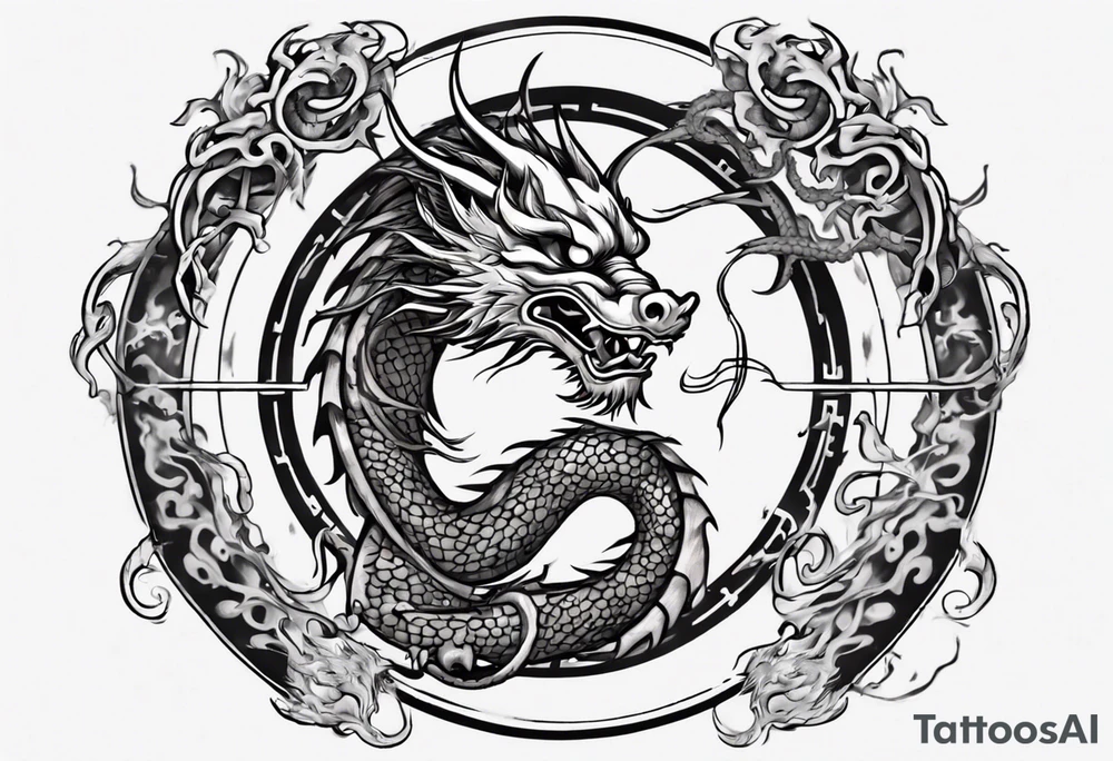 Chinese dragon in a circular shape with "02.03" written on its skin tattoo idea