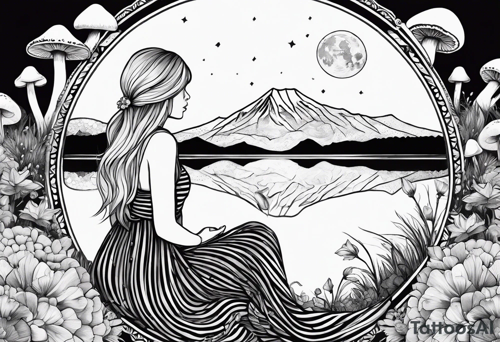 Straight blonde hair girl meditating facing away toward mountains surrounded by mushrooms crescent moon mandala circular design black and white striped dress tattoo idea