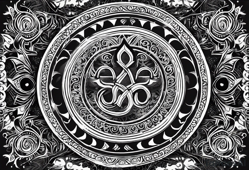 "Create an imposing and fearsome tattoo that combines traditional Hindu symbolism with a powerful, intimidating aura. Incorporate the trishul (trident) at the center, sharp and jagged like the ultimate weapon of divine retribution, with detailed engravings of storm-like energy flowing from its points. Surround this with a bold Om symbol at the core, pulsing with spiritual might, layered over intricate geometric patterns that radiate a sense of ancient power. Add elements like roaring serpents coiled around the design, ready to strike, symbolizing both divine protection and wrath. The edges of the band should feature bold tribal lines, each stroke aggressive yet precise, to reflect the fierce warrior aspect of Hindu deities. The overall design should feel like an impenetrable shield and a divine warning, blending spirituality with raw strength. tattoo idea