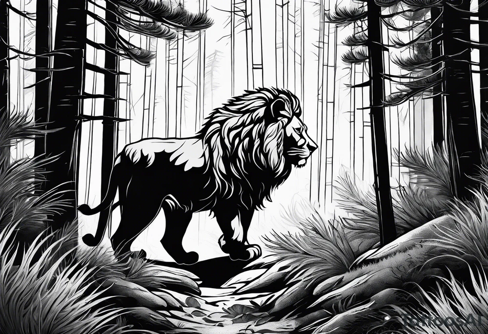 realistic dark pine forest where a small lion is walking into it.  Spiritual component tattoo idea