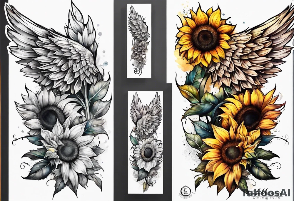 Sunflowers and angel wings leg sleeve tattoo idea