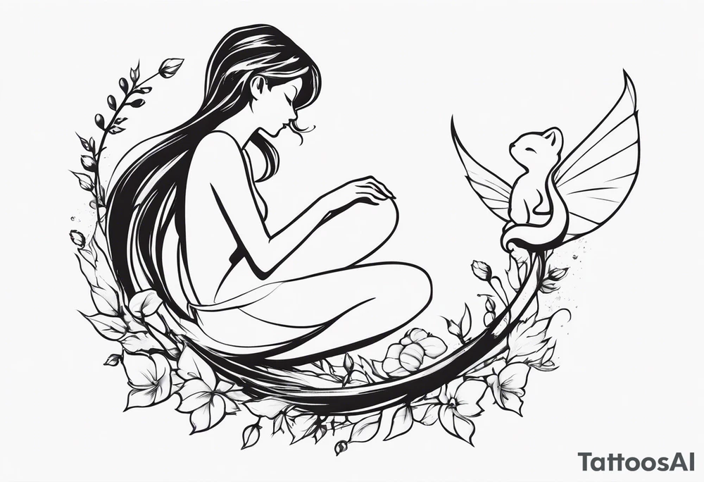 Minimalistic, monochromatic fairy with a tail flying to the left in a fetal position, leaning and looking in the same direction, with visible hands, embodying the 'Fairy Tail' logo aesthetic. tattoo idea