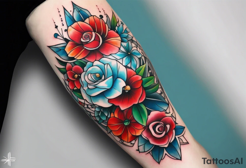 geometric style tattoo on knee with baby blue, red, and green accents. Floral/ocean themed. tattoo idea