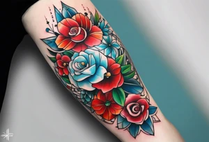 geometric style tattoo on knee with baby blue, red, and green accents. Floral/ocean themed. tattoo idea
