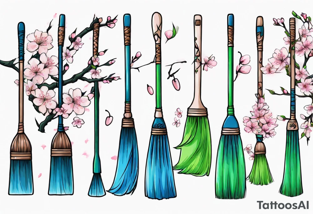 blue and green broom with cherry blossoms tattoo idea