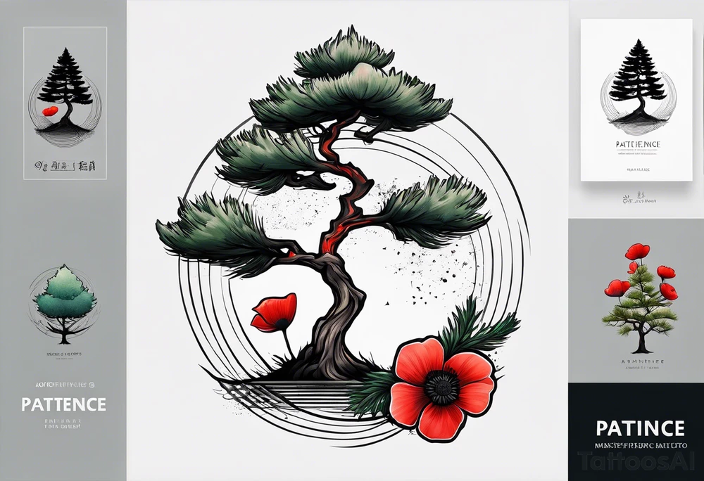 a single pine tree with one small poppy in front and the korean word for patience tattoo idea