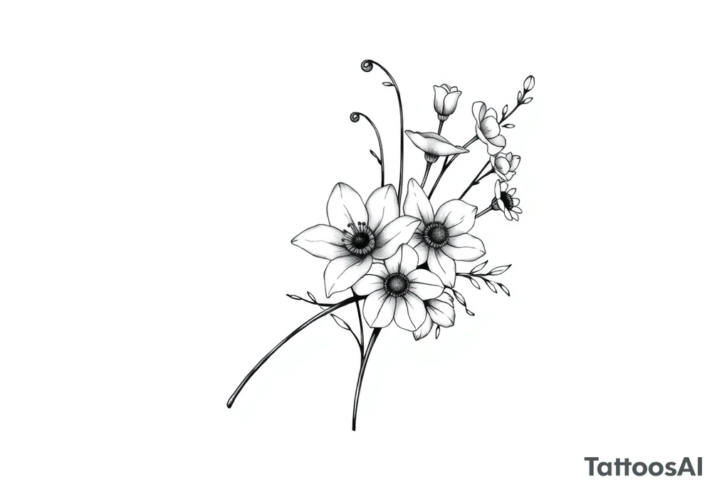 simple black and white tattoo with a bouquet from one stem featuring poppy flower, lily of the valley, daffodil, water lily, daisy, with less lines and detail tattoo idea