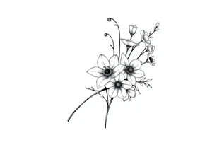 simple black and white tattoo with a bouquet from one stem featuring poppy flower, lily of the valley, daffodil, water lily, daisy, with less lines and detail tattoo idea