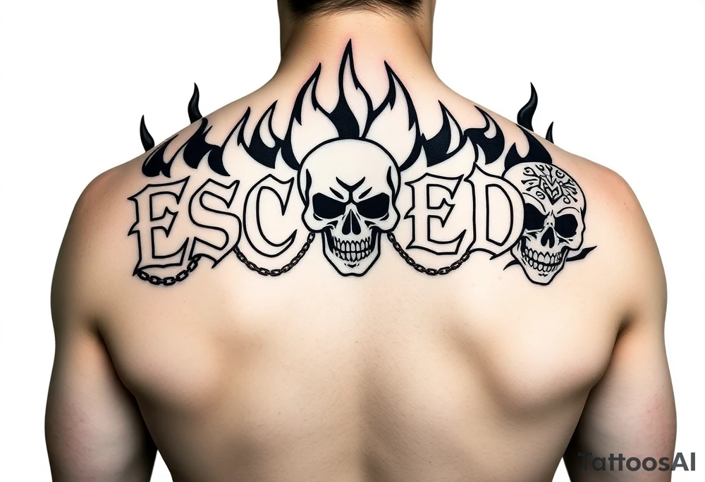 In the style of emo-gothic punk, a full upper back tattoo with the name 'Escobedo' in bold across the shoulders, untouched by surrounding elements. Black flame outlines rise behind the name, symmetrical and sharp, with no shading or grayscale. Chains loop through flame gaps in clean, flowing black lines. Cracked skull on the left shoulder blade, snarling skull in the center spine area, screaming or laughing skull on the right shoulder blade—each with Aztec or Chicano-style forehead patterns. All linework only, no color, stencil-ready, forming a halo of fire, death, tattoo idea