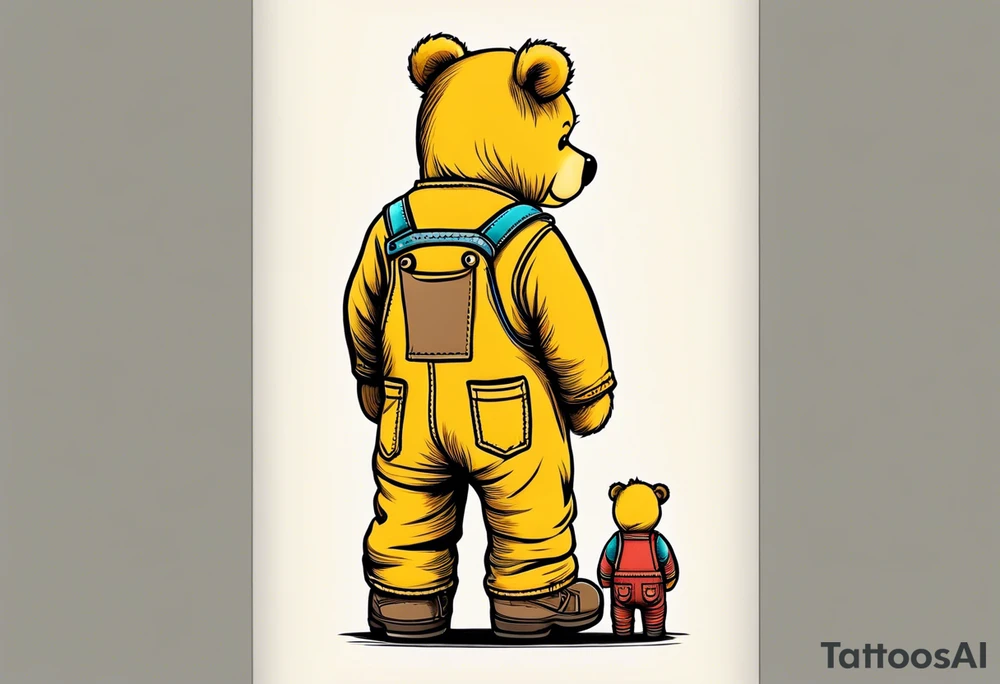 image of the back of a light brown teddy bear standing in yellow overalls, striped tank top and wearing boots and holding the hand of a little girl who is taller than him tattoo idea