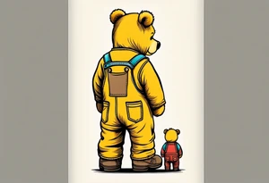 image of the back of a light brown teddy bear standing in yellow overalls, striped tank top and wearing boots and holding the hand of a little girl who is taller than him tattoo idea