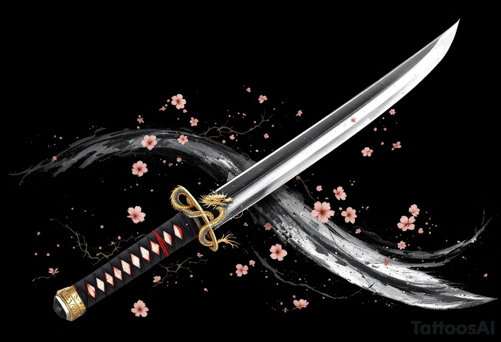An ancient katana with a dragon-wrapped hilt – A finely detailed Japanese katana with a slightly curved, polished steel blade reflecting soft light. The hilt is tightly wrapped in black and crimson silk, with a golden oriental dragon coiled around it, its scales shimmering in deep gold and red. Cherry blossom petals drift around the blade, and a faint ink brush wave pattern flows in the background, in shades of black, gray, and muted red. tattoo idea