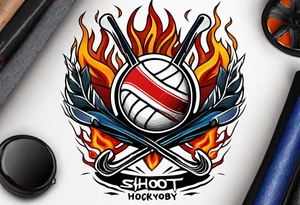 puck with crossed hockey sticks in the background and flames that says "SHOT HOCKEY" tattoo idea