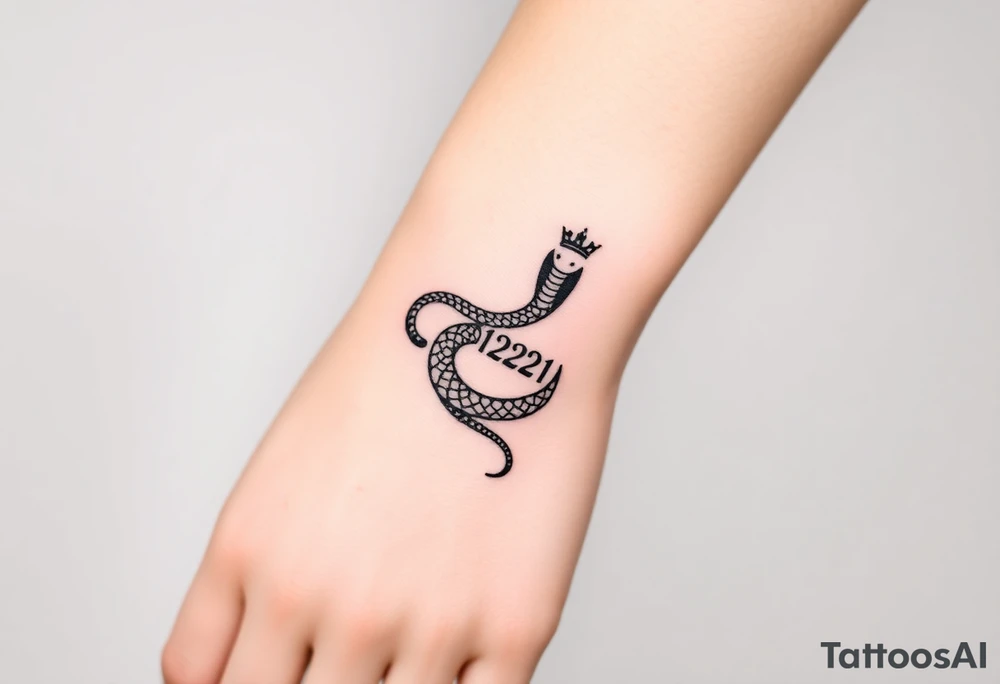 I want a small simple silhouette lines black and white wrist majestic royal snake tattoo that has number 12821 on its body along and also I want it to represent feminine energy crown queen Cycle tattoo idea