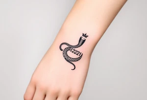 I want a small simple silhouette lines black and white wrist majestic royal snake tattoo that has number 12821 on its body along and also I want it to represent feminine energy crown queen Cycle tattoo idea