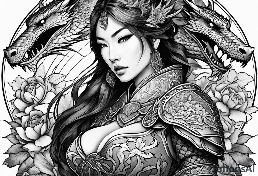 beautiful warrior woman wearing dragon armor and a floral background and a dragon a full picture tattoo idea