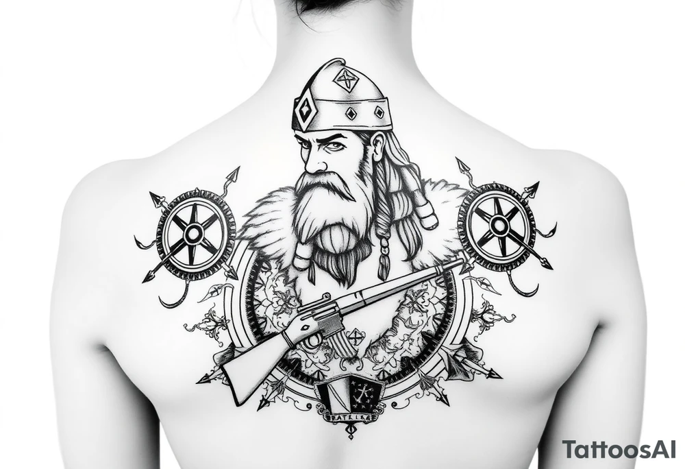 A Viking in the battlefield surrounded by Viking symbols and patterns. Hidden in the patterns is an Australian army rifle and slouch hat. tattoo idea