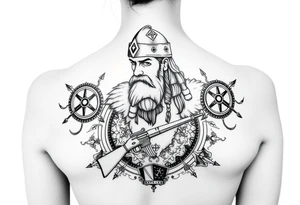 A Viking in the battlefield surrounded by Viking symbols and patterns. Hidden in the patterns is an Australian army rifle and slouch hat. tattoo idea