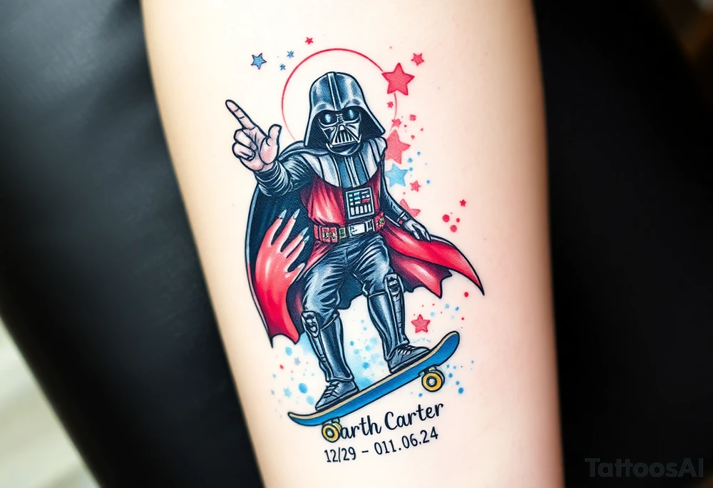 MEMORY TATTOO
Darth Vader skateboarding with hand signal hello in heaven, outdoors, bullets, star wars>blue and red 
"Darth Carter"
12/29/88-01/06/24 tattoo idea