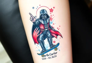 MEMORY TATTOO
Darth Vader skateboarding with hand signal hello in heaven, outdoors, bullets, star wars>blue and red 
"Darth Carter"
12/29/88-01/06/24 tattoo idea