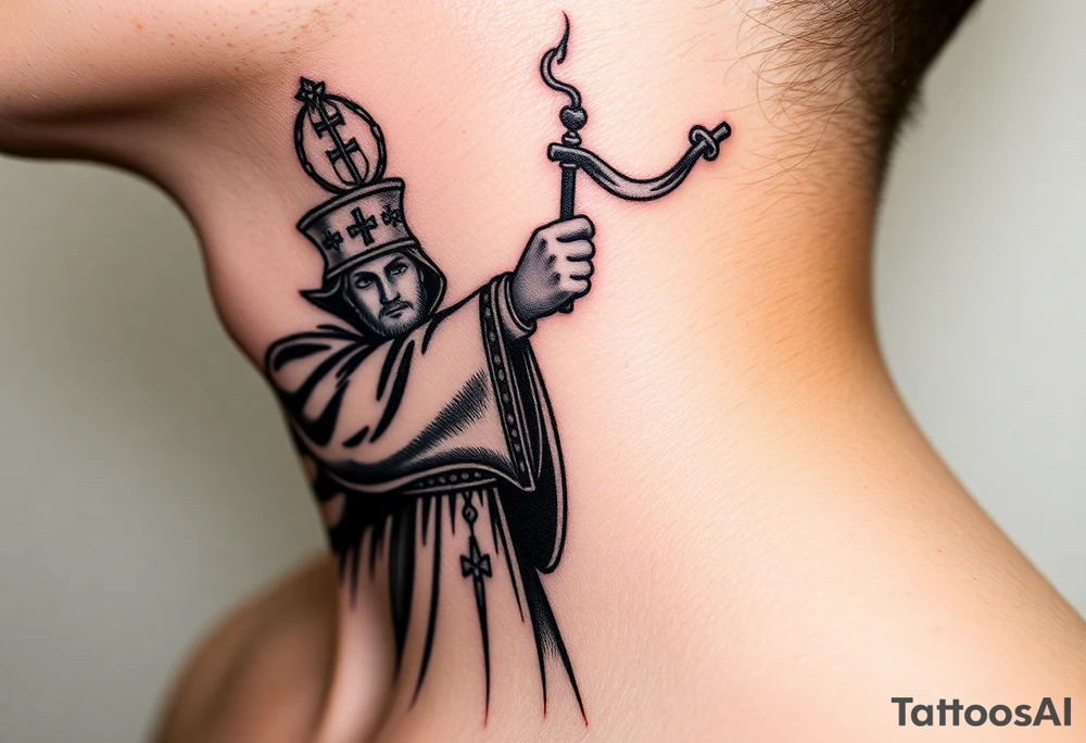 Russian Orthodox Priest in a fully detailed gold vestment swinging a censer with smoke curling upward tattoo idea