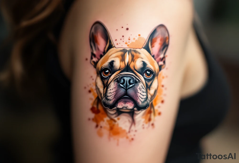 Portrait of a French Bulldog in watercolor style, using splashes of browns, oranges, and muted greens to frame the face. tattoo idea