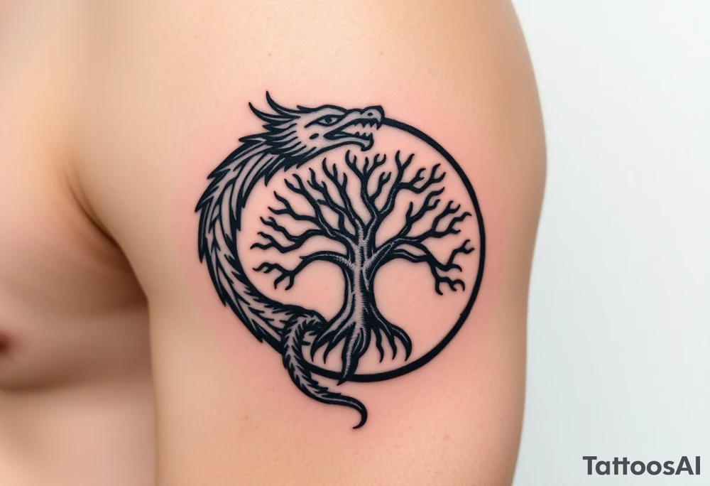 a dragon forming a circle with its body.  the dragon encircles the tree of life tattoo idea