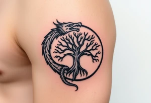 a dragon forming a circle with its body.  the dragon encircles the tree of life tattoo idea