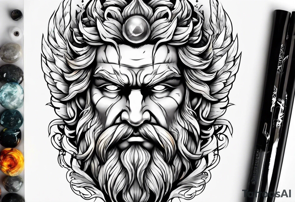 Zeus tattoo with lighting eyes, angry and holding lighting bolts tattoo idea