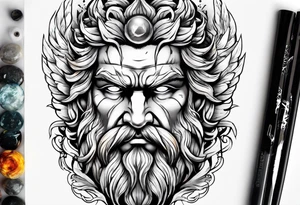 Zeus tattoo with lighting eyes, angry and holding lighting bolts tattoo idea