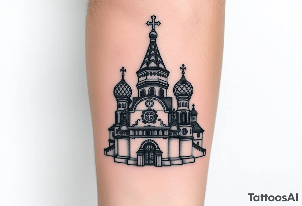 in a dorsal view a detailed orthodox church with onion domes and a band at the front with mist shrouding the top and fading into a virgin mary overlooking above at the top tattoo idea