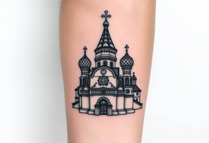 in a dorsal view a detailed orthodox church with onion domes and a band at the front with mist shrouding the top and fading into a virgin mary overlooking above at the top tattoo idea