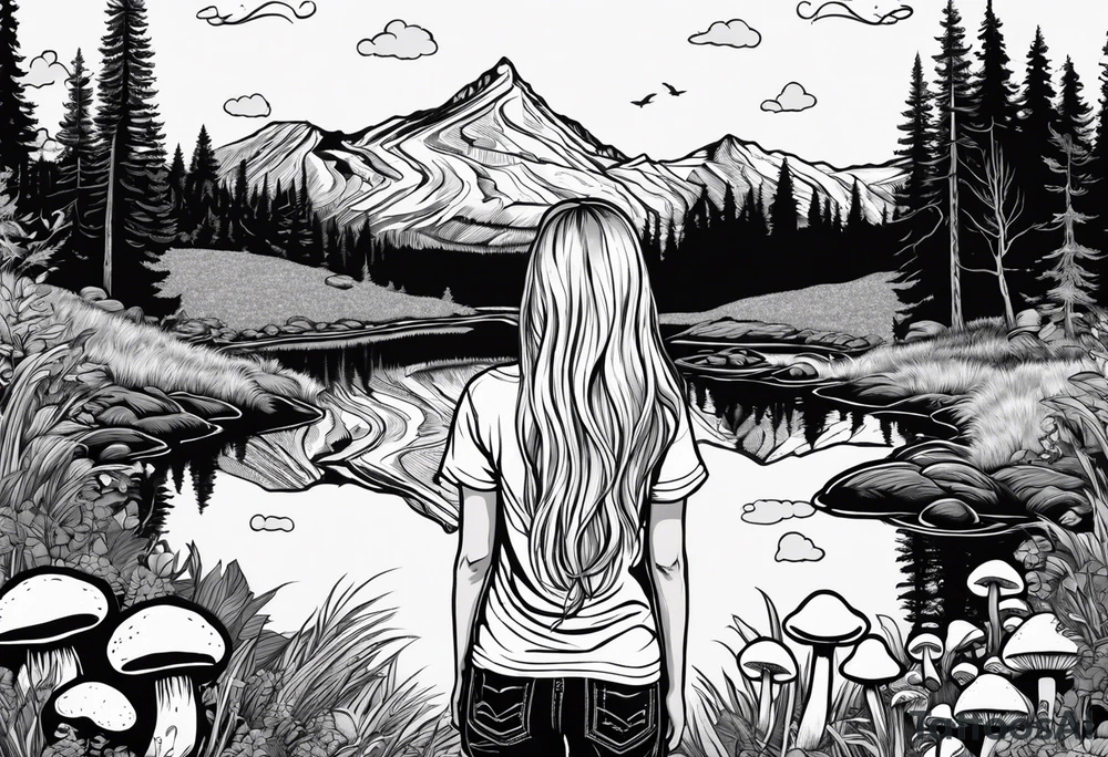 Whole picture encircled fully

Straight long blonde hair hippie girl in distance holding mushrooms in hand facing away toward mountains and creek surrounded by mushrooms tee shirt and hiking pants; whole rendering within a full circle, no cut off circle tattoo idea