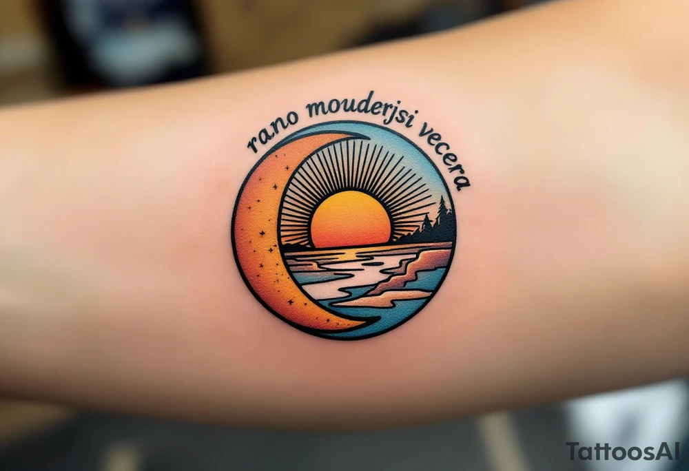 "Rano moudrejsi vecera." — A half-sun, half-moon design in pastel oranges and soft blues, with the phrase circling the horizon line in black. tattoo idea