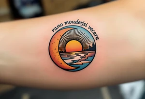 "Rano moudrejsi vecera." — A half-sun, half-moon design in pastel oranges and soft blues, with the phrase circling the horizon line in black. tattoo idea