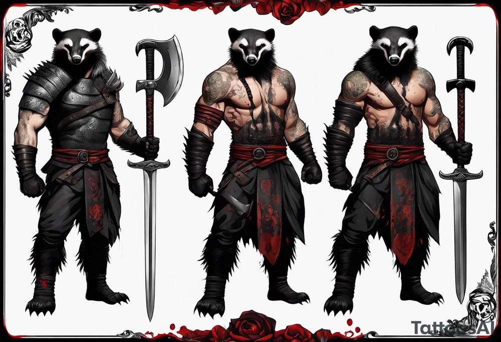 Draw me psychopath Honey Badger/Berserker with aggressive full body, killer face with a scary smile, very long nails and he attacks like a Bloody Assassin/Warrior/Gladiator to us and also, he has very deadly looking. He fights with his nails. Everybody scares after their first sight. Give me horror type Badger Tattoo. I want to see his Realistic full body. tattoo idea