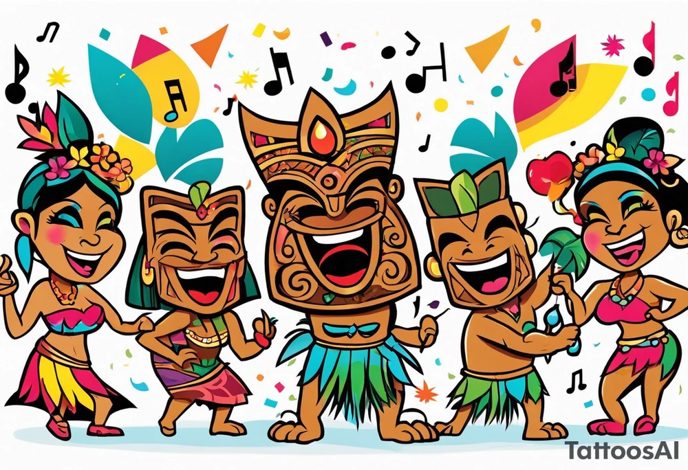 tiki party with dancing tiki guys and sexy tiki girls with music notes and confetti tattoo idea