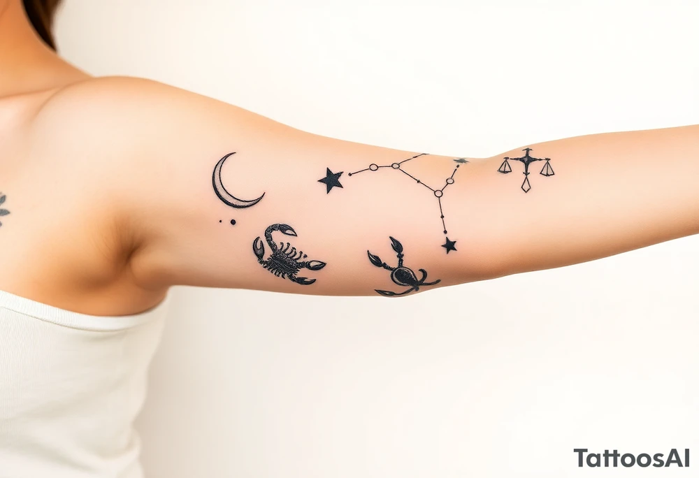 Stars constellation tattoo with libra, cancer, Taurus, 2 scorpio and capricorn tattoo idea