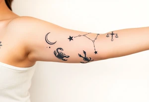 Stars constellation tattoo with libra, cancer, Taurus, 2 scorpio and capricorn tattoo idea
