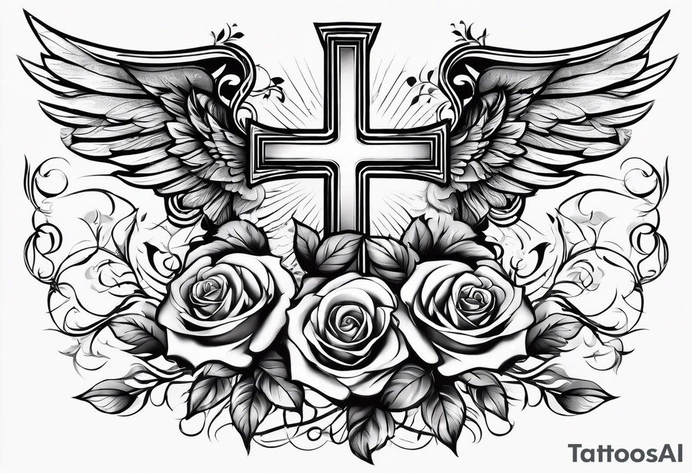 Cross with clouds wings roses tattoo idea