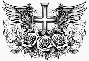 Cross with clouds wings roses tattoo idea