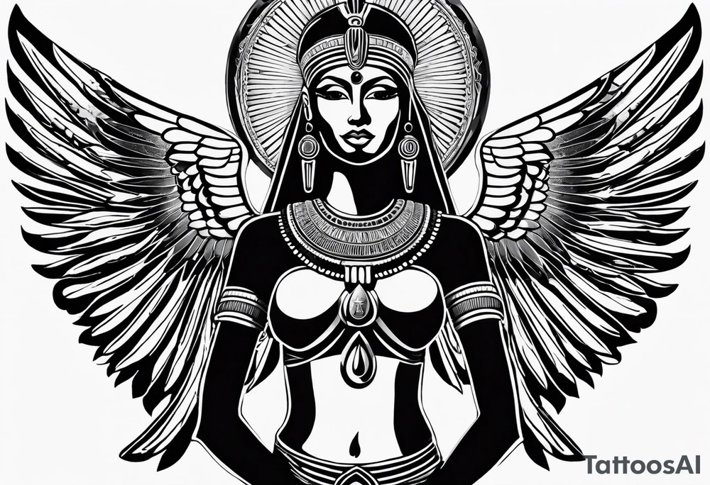 black and white Egyptian goddess Isis, who is often depicted as a woman with outstretched wings, holding an ankh (a symbol of life) in one hand and a lotus flower in the other. Her headdress often includes a throne or a solar disk. The tattoo design can vary in style and size, but it typically aims to capture the essence of this revered Egyptian deity, emphasizing her beauty, power, and maternal qualities. The choice of colors and additional elements can also be customized to create a unique and visually striking representation of the goddess Isis tattoo idea