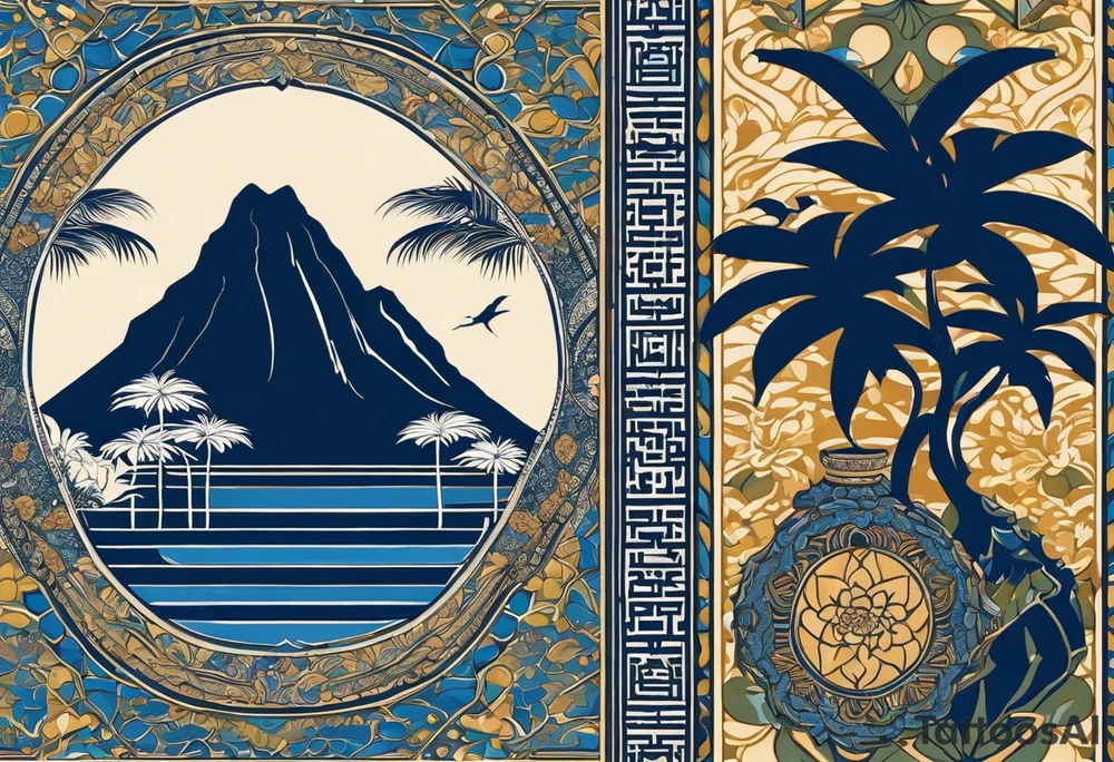 Ein blaues Tattoo über den ganzen Rücken aus orientalischen Fliesen, einem Bonsai, einem Monstera Ableger, Zitronen und Maori Stilelemente. Vertikal über der Wirbelsäule solte Perspektive mit teilweise verdrehten Buchstaben stehen. Abschließend an der hüfte entlang einen runden po zaubern. Alles vertikal tattoo idea