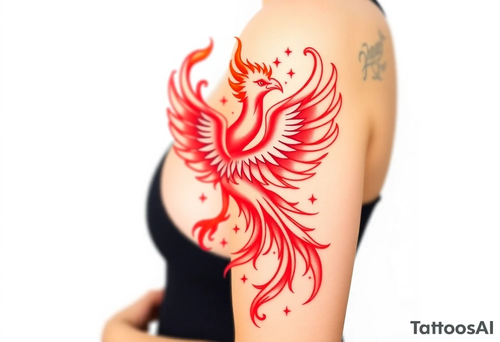 large fiery phoenix surrounded by fire. with a crown of fire flapping wings with a flaming tail tattoo idea