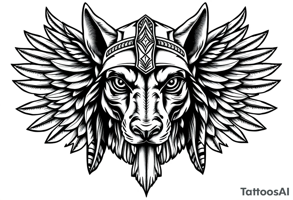 Egyptian Anubis god face muscle in Egypt style  with mantle on head with empty eyes 

dog face surrounded Egyptian symbols based on elements tattoo idea