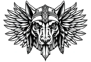 Egyptian Anubis god face muscle in Egypt style  with mantle on head with empty eyes 

dog face surrounded Egyptian symbols based on elements tattoo idea