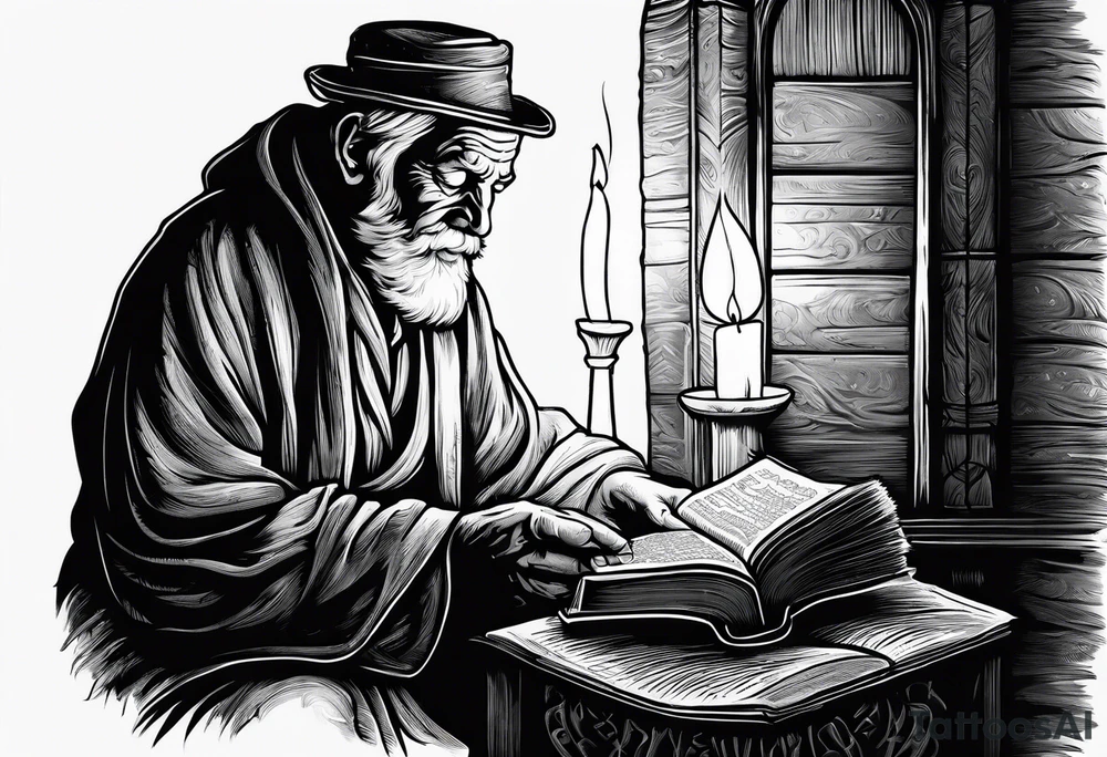 old man beggar reading a holy bible by candle light tattoo idea
