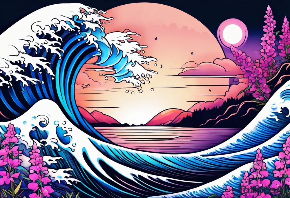 ocean wave surrounded by lupin and fireweed tattoo idea
