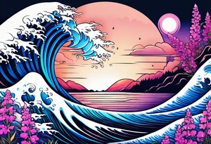 ocean wave surrounded by lupin and fireweed tattoo idea